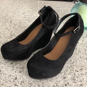 Black suede wedge shoes with ankle strap